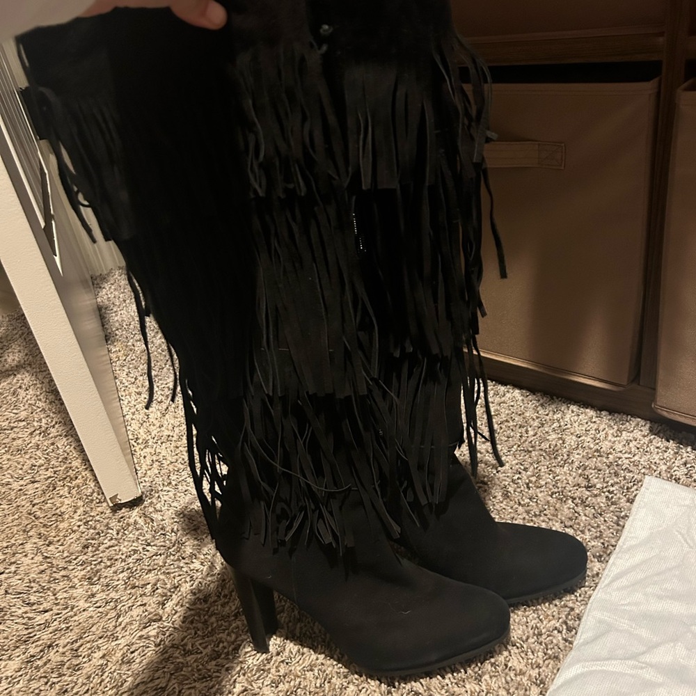 Stuart Weitzman Black Suede Fringe Boots